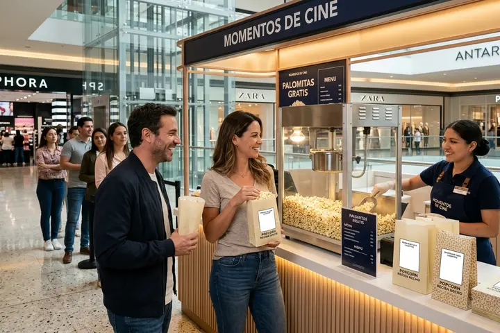 Stand de palomitas con bolsas personalizadas en una activación de marca en centro comercial