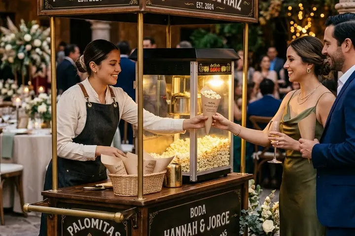 Carrito vintage de palomitas sirviendo a los invitados en la recepción de una boda