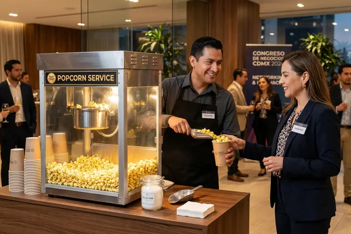 Servicio de palomitas en el stand de un congreso de negocios en Ciudad de México