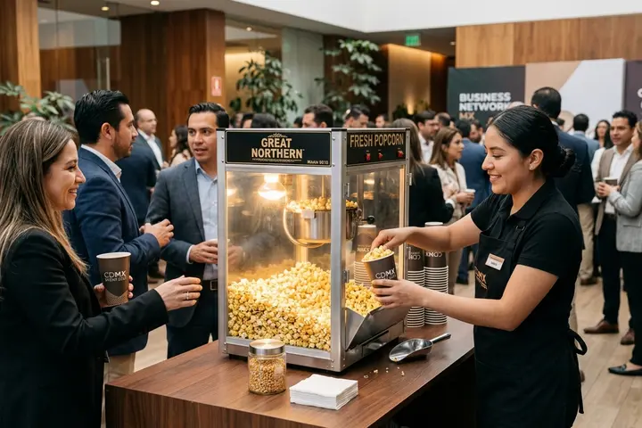 Estación de palomitas atendida por personal uniformado en un evento corporativo de CDMX