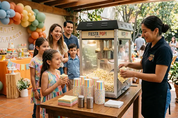 Niños recibiendo palomitas recién hechas de la operadora en una fiesta infantil