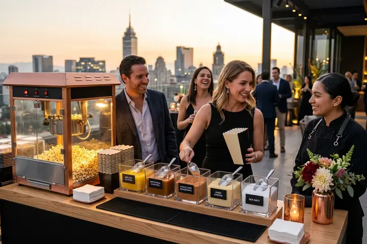 Barra de palomitas con toppings en una fiesta de graduación en una terraza de CDMX