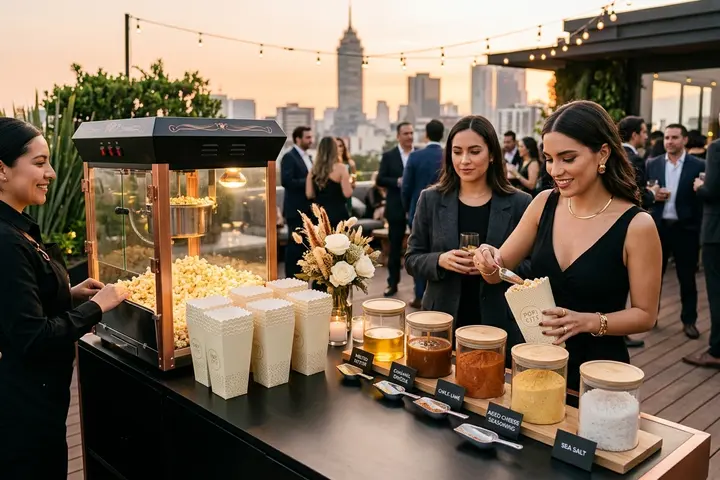Estación de palomitas con barra de sabores en una fiesta de XV años en CDMX