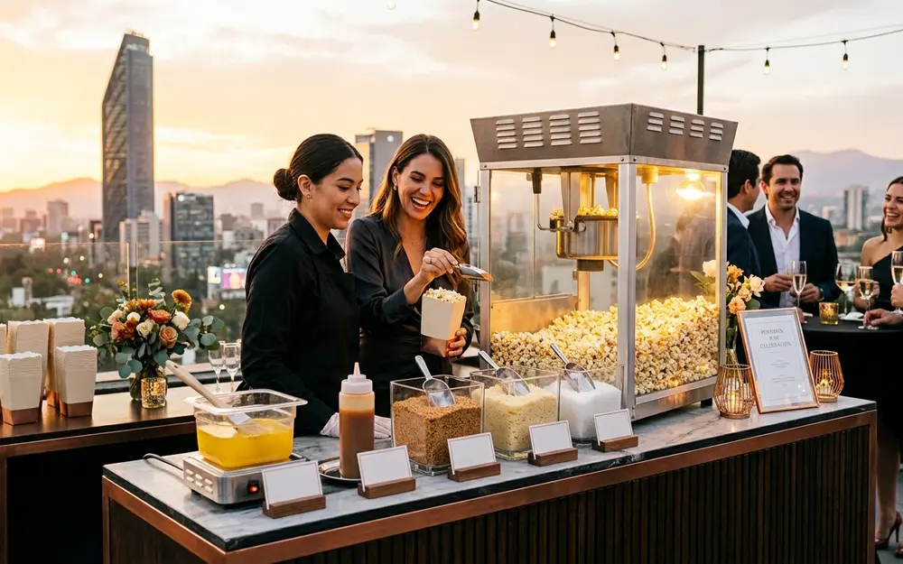 Barra de palomitas y toppings montada en una terraza de CDMX con máquina profesional a la vista