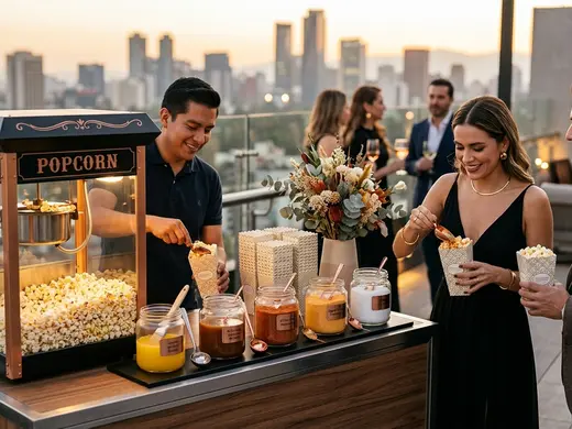 Barra de toppings de palomitas en una kermes o fiesta comunitaria en Coacalco