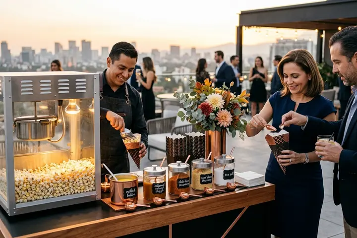 Barra de toppings para palomitas en un evento con vista a la ciudad