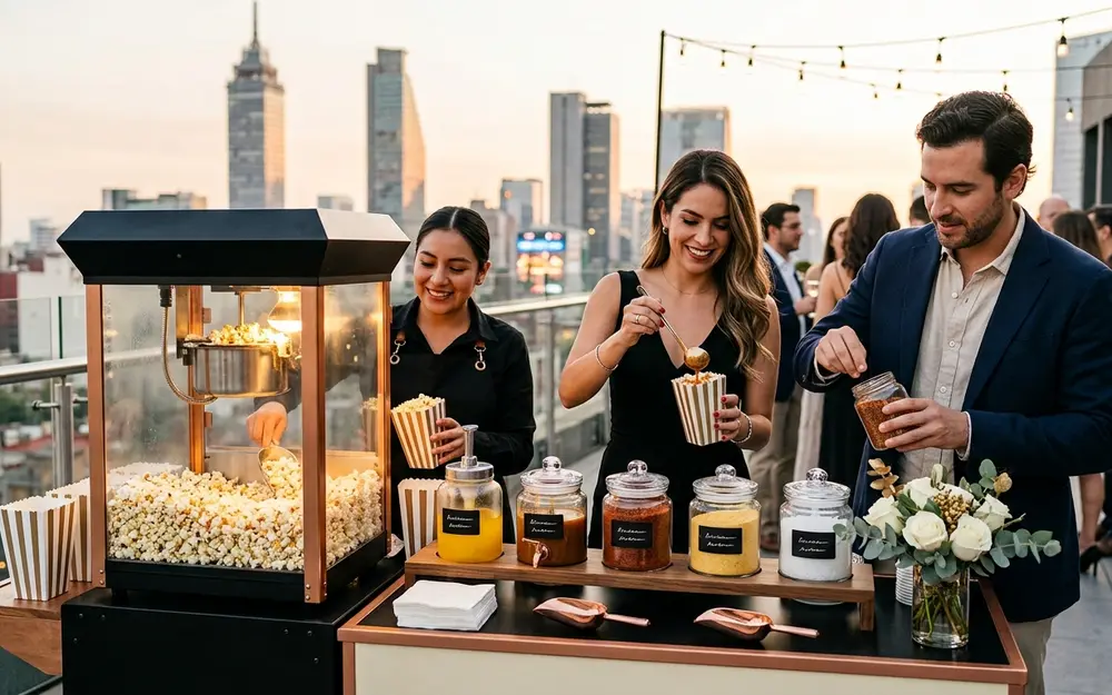 Barra de toppings de palomitas en una terraza para una recepción tipo cóctel