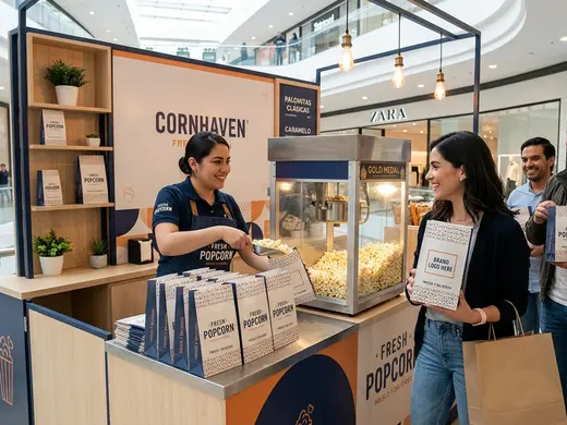 Stand de palomitas con bolsas personalizadas con el logo de la marca en una activación