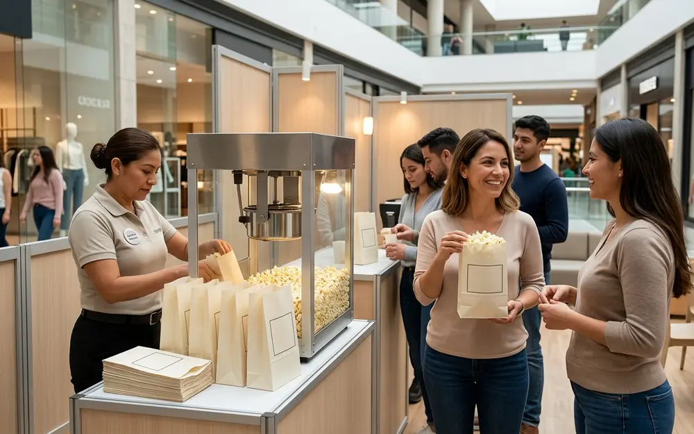 Bolsas de palomitas personalizadas llenándose recién hechas para entregarse a los asistentes de un evento