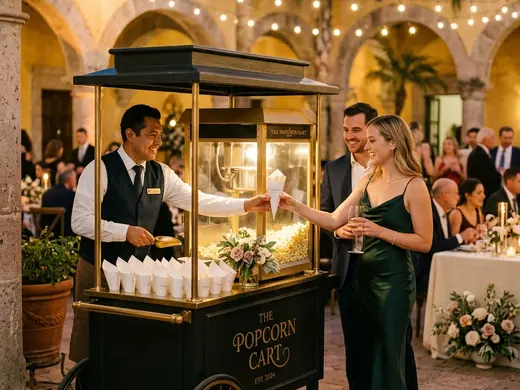 Carrito de palomitas retro con vitrina iluminada sirviendo en un evento elegante de noche