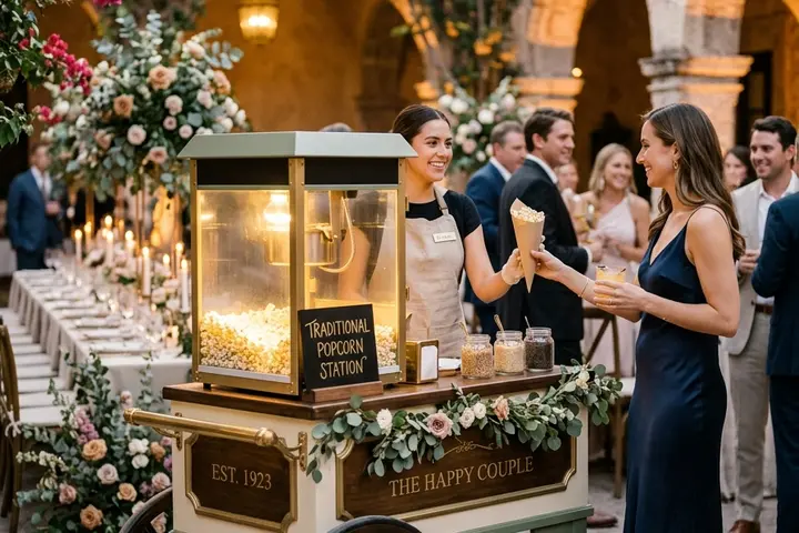 Carrito vintage de palomitas de maíz sirviendo a invitados en una boda