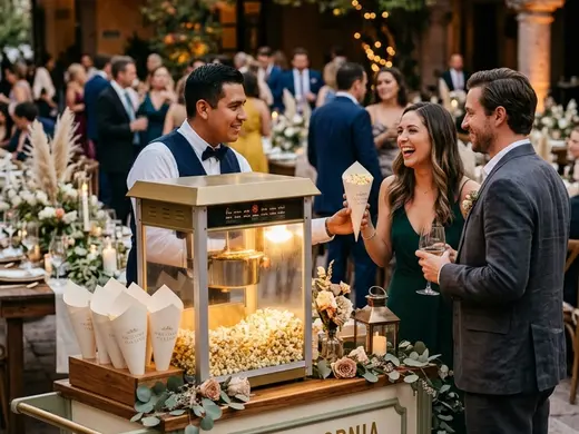 Carrito de palomitas vintage en el jardín de una quinta durante una celebración nocturna
