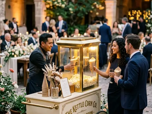 Invitados sirviéndose palomitas de un carrito retro durante una boda
