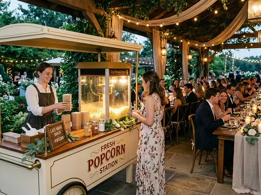 Carrito vintage de palomitas montado junto al banquete de una boda en jardín