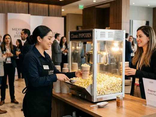 Máquina de palomitas de grado comercial atendida por personal de un negocio