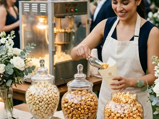 Estación de palomitas gourmet en una cena privada en residencia