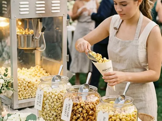 Estación de palomitas gourmet en un jardín en Bosque Real