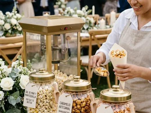 Montaje premium de palomitas gourmet con señalización de sabores y follaje decorativo