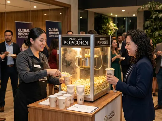 Estación de palomitas con branding de marca en un evento corporativo