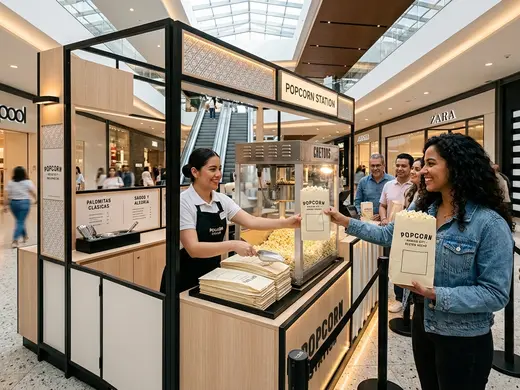 Máquina de palomitas en autoservicio dentro de un kiosco comercial