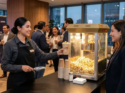 Máquina de palomitas con operador en un evento corporativo en Santa Fe