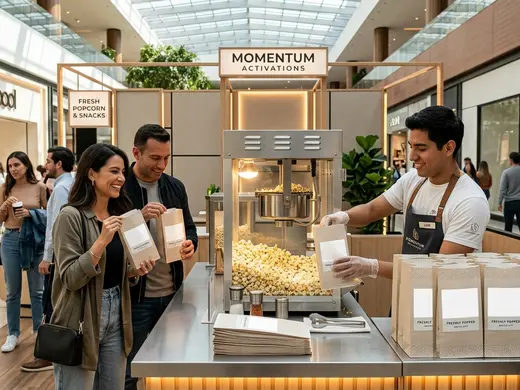 Equipo de palomitas de grado comercial operando en un punto de venta de centro comercial