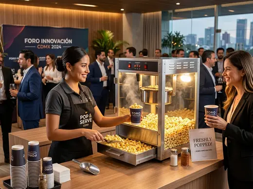 Máquina de palomitas con operador en la estación de un evento corporativo en Ciudad de México
