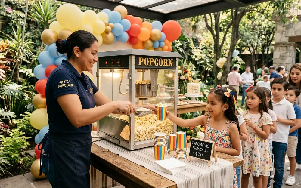 Máquina de palomitas con operador en una fiesta familiar en jardín
