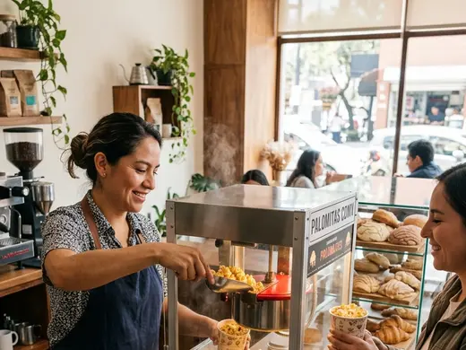 Dueña de una cafetería sirviendo palomitas con su propia máquina profesional
