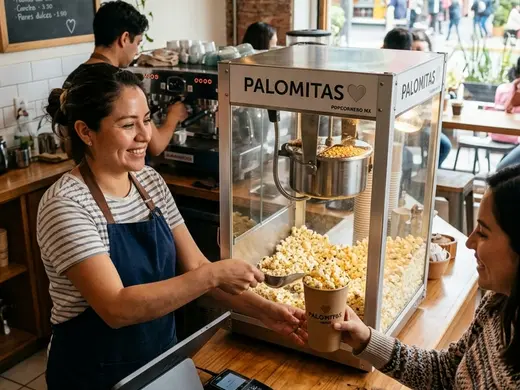 Máquina de palomitas profesional en la barra de una cafetería sirviendo a un cliente