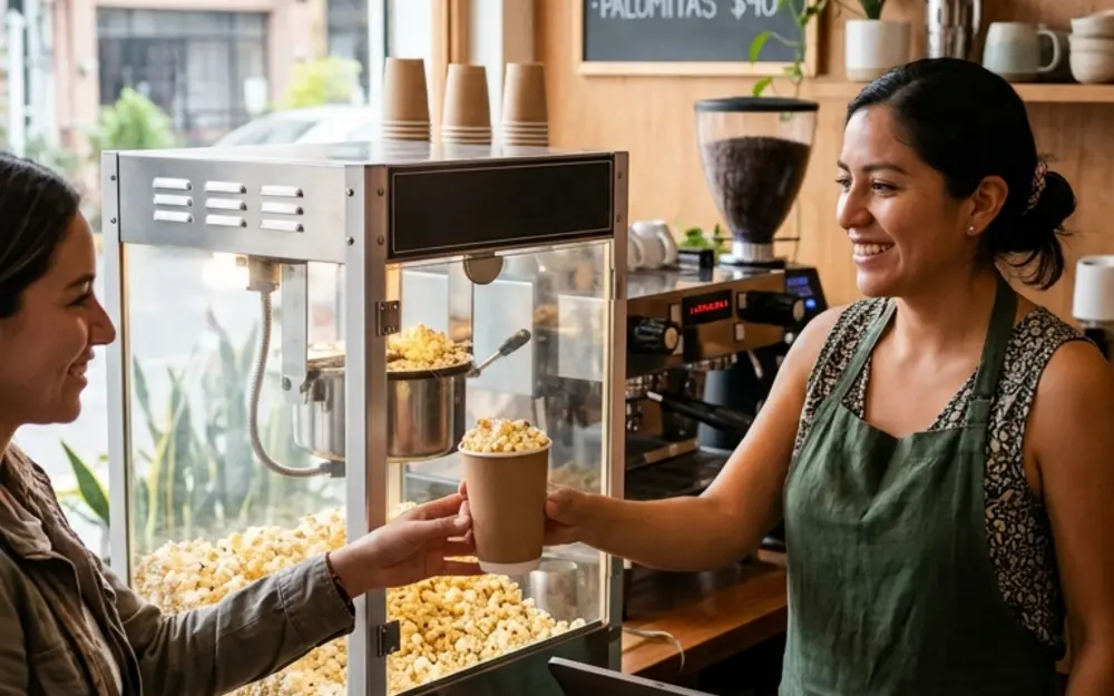 Máquina de palomitas rentada sin operador funcionando en la barra de una cafetería en CDMX