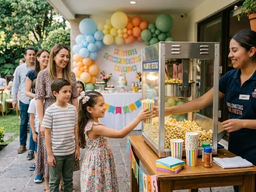 Invitados formados frente a la máquina de palomitas rentada con operador en una fiesta infantil