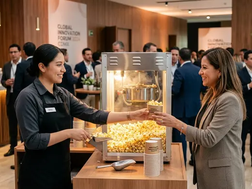 Bolsas de palomitas con branding de empresa en un congreso