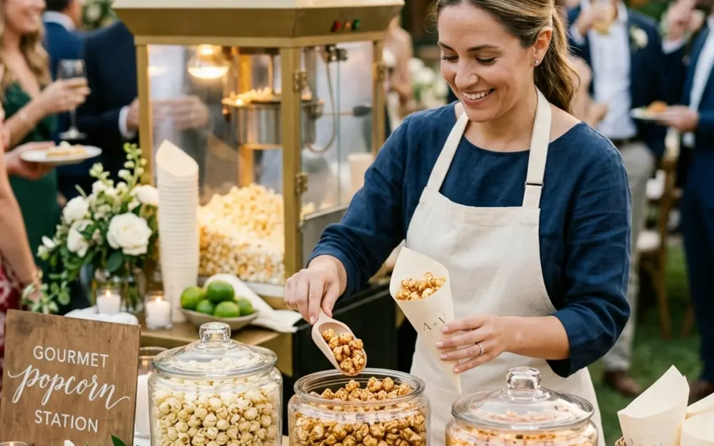 Estación de palomitas gourmet en una boda con frascos de sabores y servicio en conos de papel