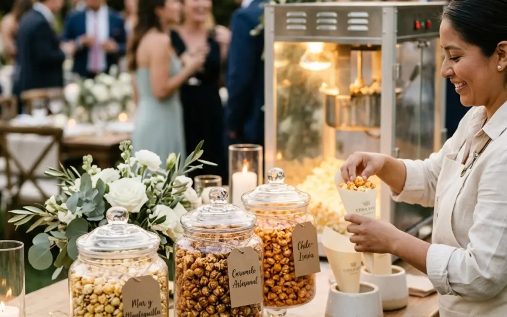 Palomitas en frascos con distintos sabores para un evento comunitario