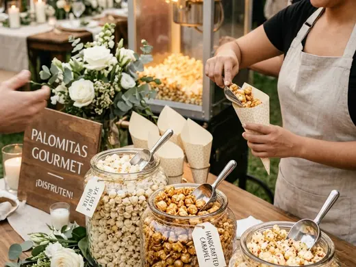 Frascos de palomitas gourmet con etiquetas de caramelo artesanal y sal de mar en una boda