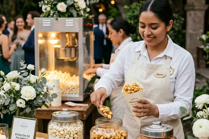Estación de palomitas gourmet con sabores caramelo artesanal y chile-limón
