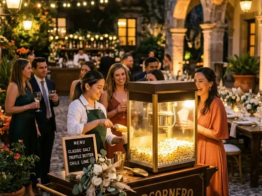 Carrito vintage de palomitas iluminado durante una boda nocturna en una quinta de Xochimilco