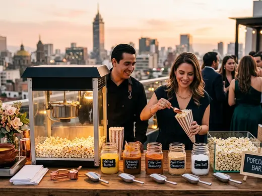 Invitados sirviéndose palomitas por su cuenta en la máquina rentada para un salón de eventos