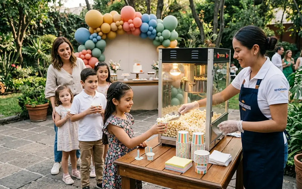 Operadora uniformada sirviendo palomitas recién hechas a una niña durante una fiesta en CDMX