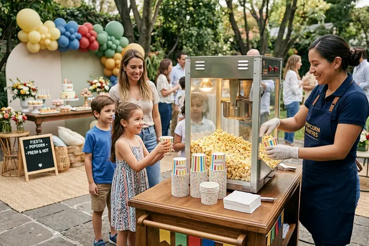 Operadora uniformada sirviendo palomitas con máquina profesional en un evento