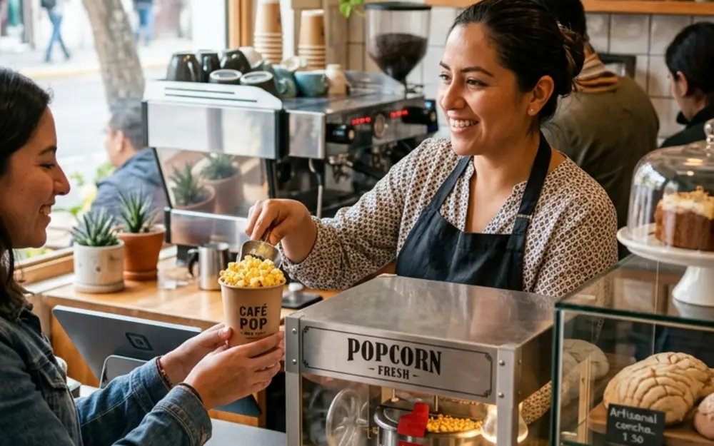 Dueña de una cafetería sirviendo palomitas con la máquina rentada sin operador en CDMX