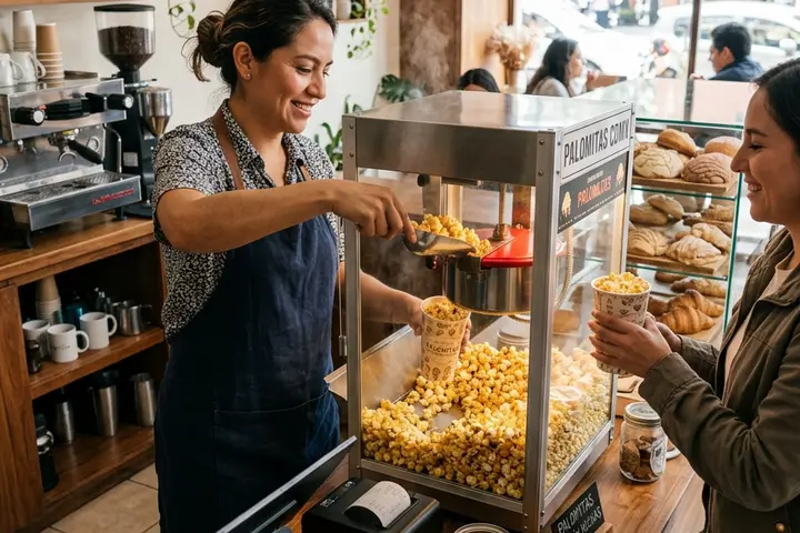 Máquina de palomitas rentada operada por el personal de un negocio