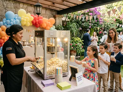 Operador sirviendo palomitas a los invitados en un cumpleaños infantil