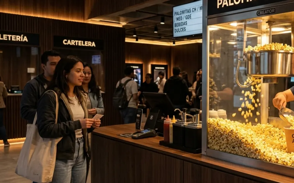 Máquina de palomitas profesional instalada en la dulcería de un cine para uso comercial continuo