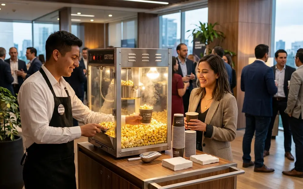 Máquina de palomitas profesional instalada para uso continuo en un espacio corporativo