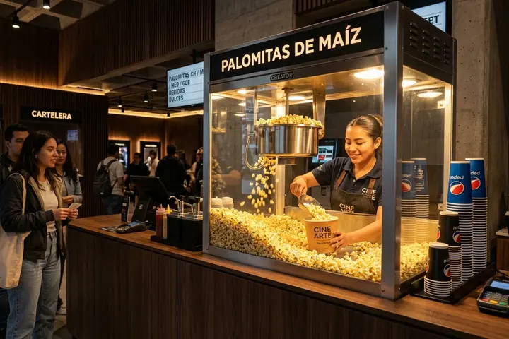 Máquina de palomitas profesional instalada en la dulcería de un cine
