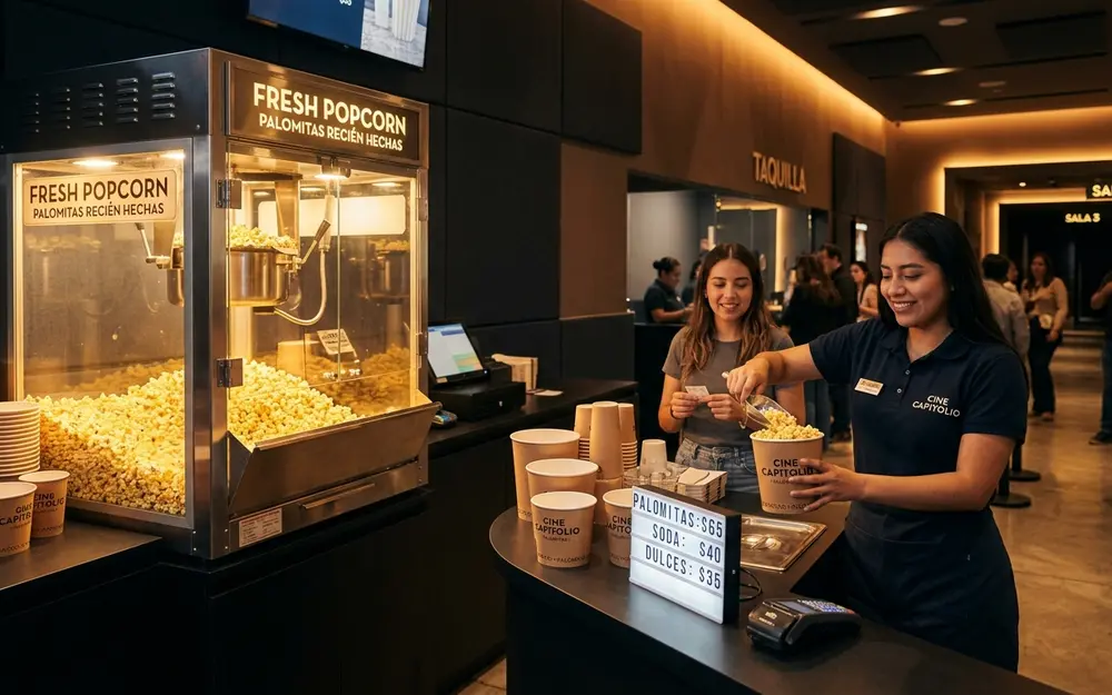 Máquina de palomitas profesional instalada en la dulcería de un cine para uso comercial continuo